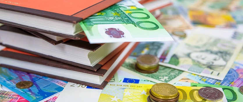 Viele Geldscheine und ein hundereuroschein ist in einem Buch
